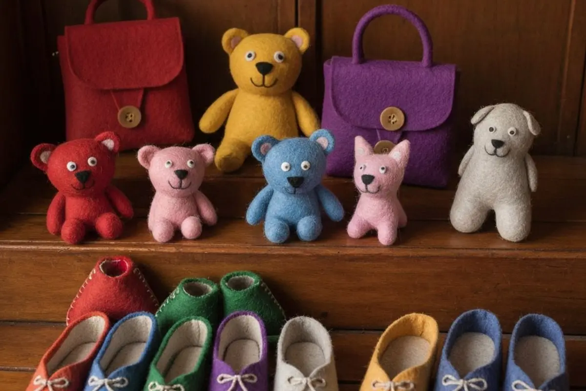 Colorful handmade felt creations at Sahir Handicraft Center